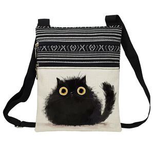 Fluffy Black Cat Messenger Bag Small Ethnic Pattern Printed Adjustable Strap o_